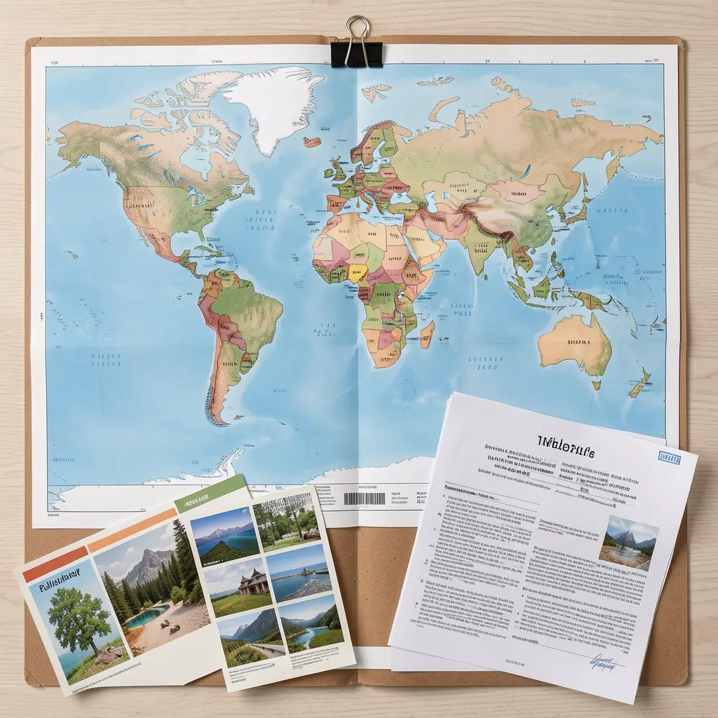 Custom holiday itinerary planning with world map and travel documents