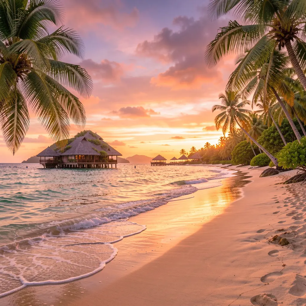 Romantic honeymoon destination with tropical beach sunset